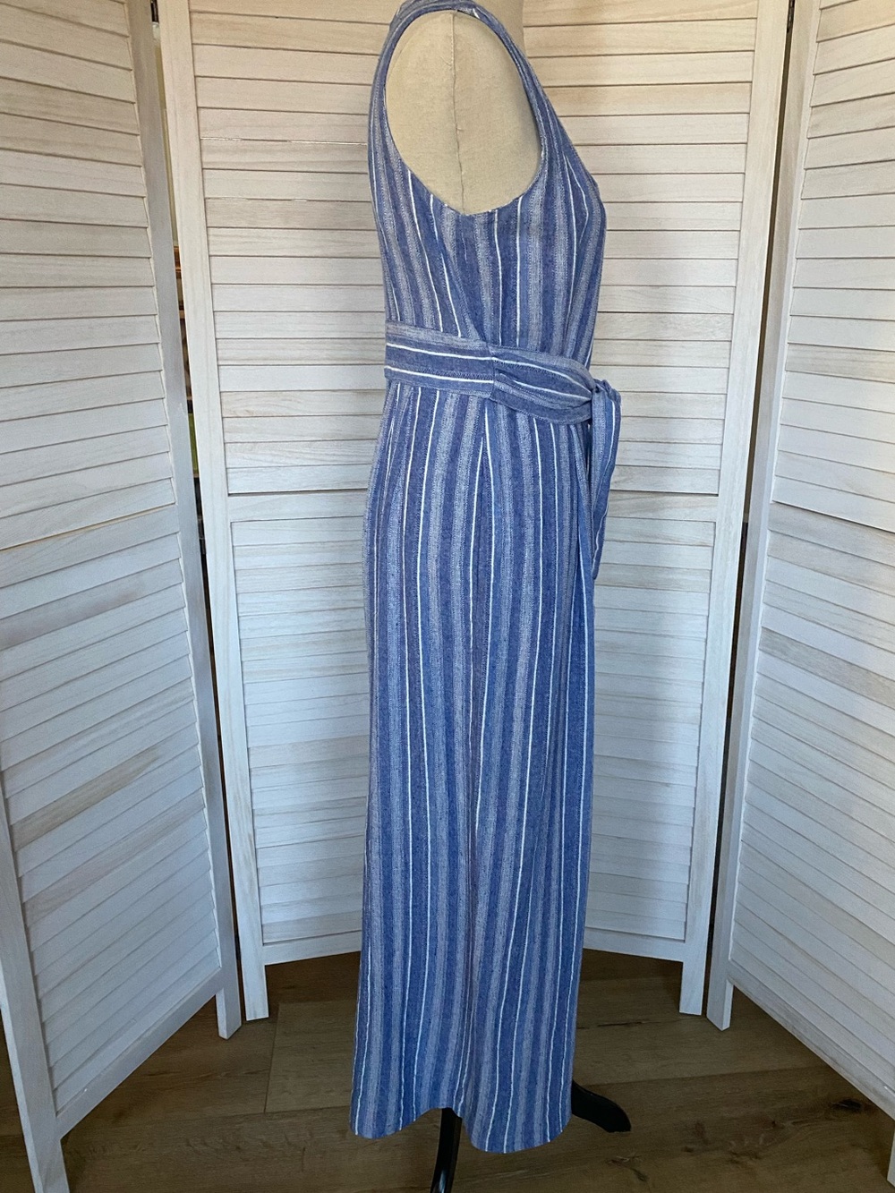 Calvin Klein Blue/White Striped Linen V-Neck Sleeveless Tie Waist Jumpsuit 10 - Picture 6 of 16